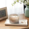 14oz Lidded Gray Glass Jar Crackling Wooden 3-Wick Candle With Clear Label Leather + Embers - Threshold™